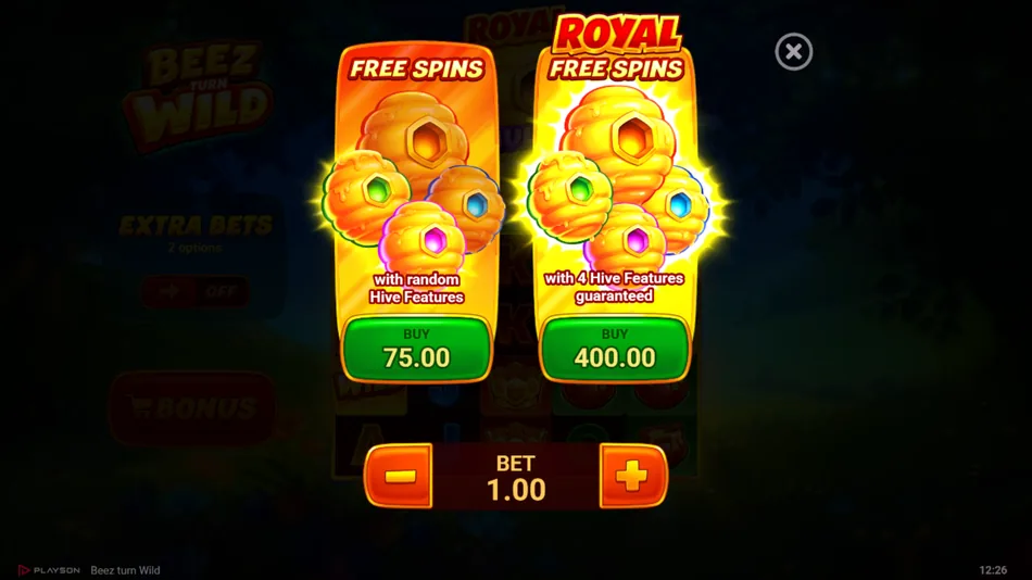 Buy screen with the Free Spins and Royal Free Spins options