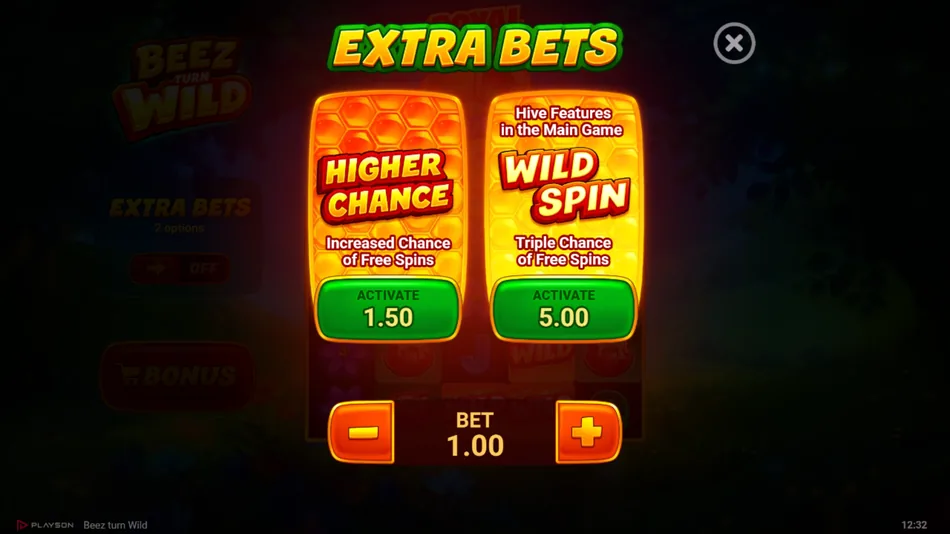 Extra Bet menu with Higher Chance and Wild Spin options and their prices