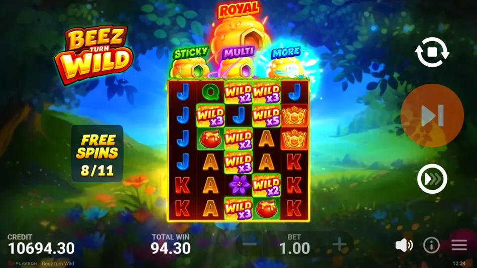 Several sticky Wilds locked on the 5x4 grid during Free Spins